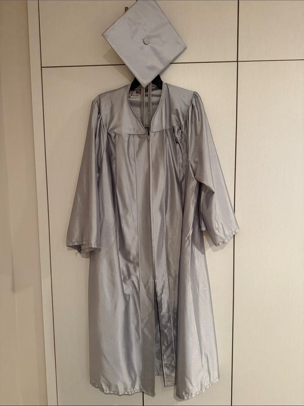 Silver Satin Graduation Gown with Matching Tam